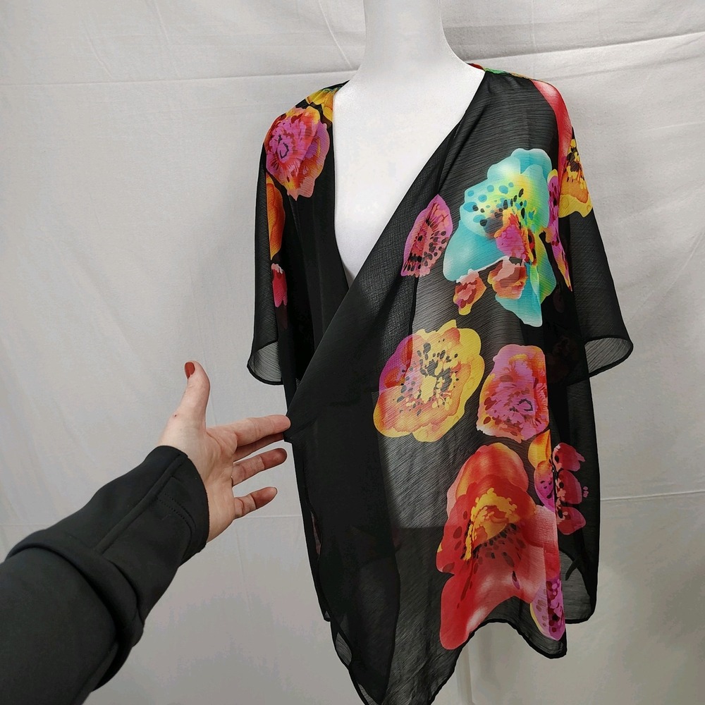 Susan Graver Kimono Swim Coverup‎ Black Red Dark Floral Sheer Open Front Large